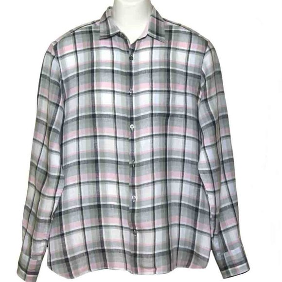 Murano Baird McNutt Irish Linen Shirt Plaid Pink Gray Men's Size Medium - Picture 1 of 2